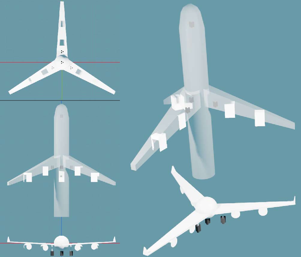 起落架在四维飞机俯视图与前视图中的位置（右边为两个三维视图，左边为三维视图的二维正投影）