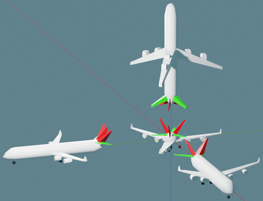 四维客机四视图，为方便辨认，将尾翼水平安定面标绿、垂直安定面标红