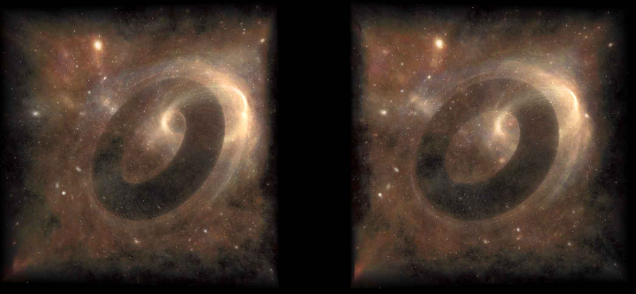 伪黑环的奇性位于背景星体和相机正中间时,背景星光被扭曲成环形