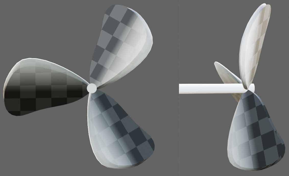 三维风扇正视图（左）与侧视图（右），在侧视图中的左边着色偏白，右边则偏黑