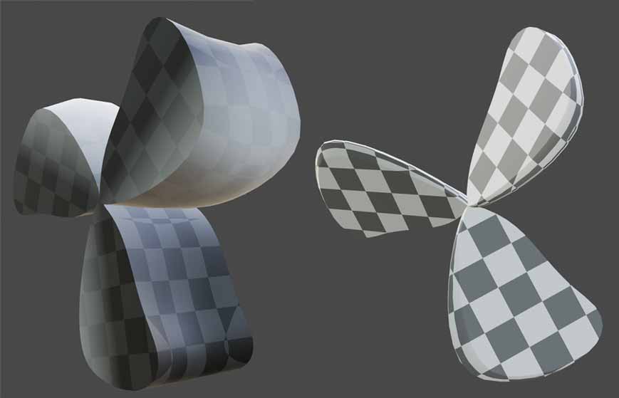 四维风扇出风正视图（左）与柱化方向正视图（右），每个视图压缩掉的方向使用明暗颜色来补偿区分