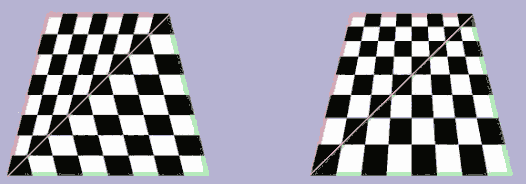 左侧：直接按屏幕坐标线性插值的贴图坐标，右侧：透视除法参与插值的贴图坐标