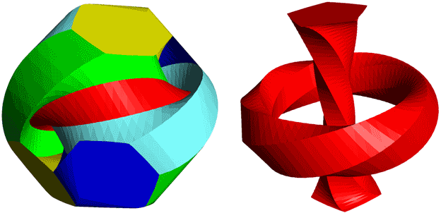 左图截取了球极投影的一部分，右图画出了两个正交的带子(来源：www.polytope.net)